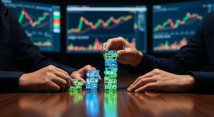 Businessman stacking glowing data blocks for financial portfolio growth and fintech strategy