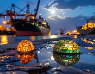 Dockside mosaic orbs at moonlit port