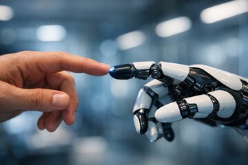 Human and robot hand connection symbolizing technology and innovation. This image captures the essence of artificial intelligence and future collaboration. Visualize future possibilities with this