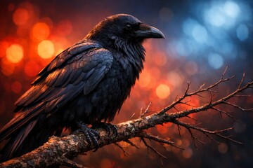 Obraz premium Majestic raven perches on branch at twilight. Beautiful nature scene captures elegance and mystery. This striking image enhances wildlife photography collections.