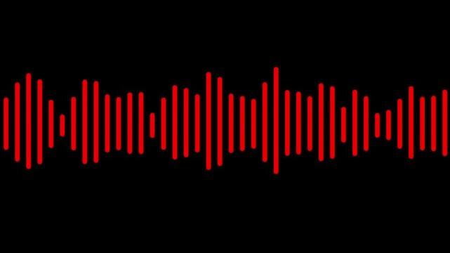 A vibrant red sound wave with fluctuating vertical bar lengths displayed prominently against a deep black background symbolizing audio signals or digital sound representation