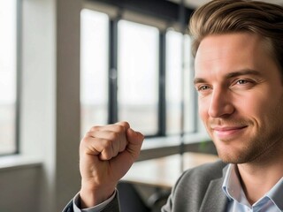 Young Professional Celebrating Success in Modern Office Environment