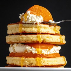 Tall stack of pancakes with fruit, cream