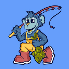 Hand drawn cartoon of monkey fishing mascot character design