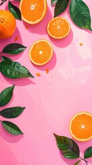 Oranges and leaves on bright pink table