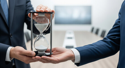 Businessman holding hourglass for time management consulting and business efficiency support in office