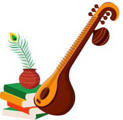 happy saraswati puja with veena and books Vector Illustration for Vasant Panchami Festival
