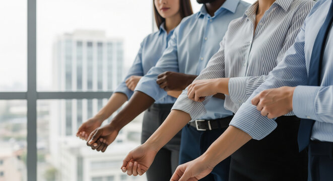 Diverse business team rolling up sleeves representing solidarity and readiness for challenge