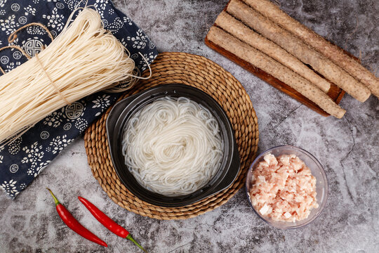 Handmade Asian Noodles and Fresh Ingredients Flat Lay