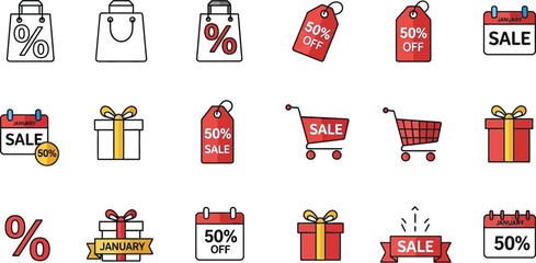 Collection of various colorful shopping and seasonal discount icons featuring sales tags percentages shopping carts calendars and gift boxes