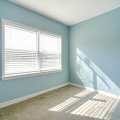 Empty room, light blue walls, sunny day