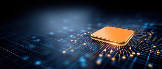 Digital document golden microchip on circuit board glowing network connection futuristic tech