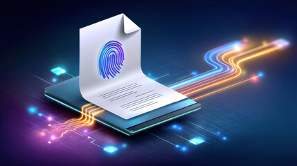 Digital document with glowing fingerprint smart tablet conveying secure identity verification