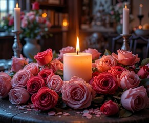 una vela entre rosas