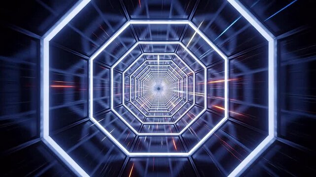Abstract futuristic octagonal tunnel with glowing light trails and infinite depth