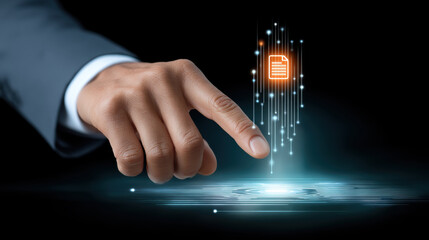 Digital document concept with businessman finger touching holographic file and light