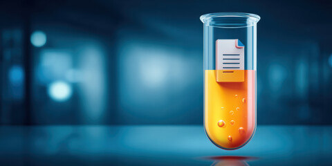 Digital document concept in laboratory test tube with orange liquid and paper note