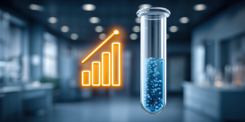 Digital document showing laboratory test tube with blue solution and growth chart glowing
