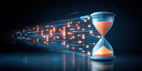 Digital document hourglass with flowing data particles creating futuristic time concept