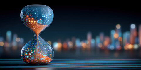 Digital document hourglass with glowing data particles and blurred city lights conveying time