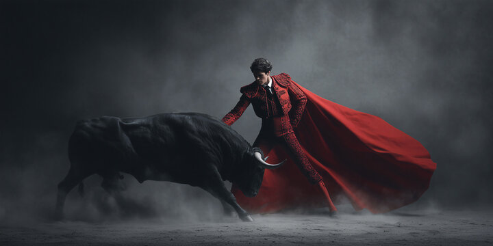 A daring matador in a red suit facing a fierce bull in the arena, capturing a moment of courage and tension