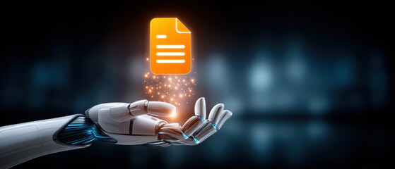 Robotic hand holding glowing digital document icon with futuristic data particles