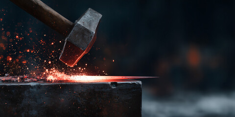 A close-up shot of a hammer striking hot metal on an anvil with sparks