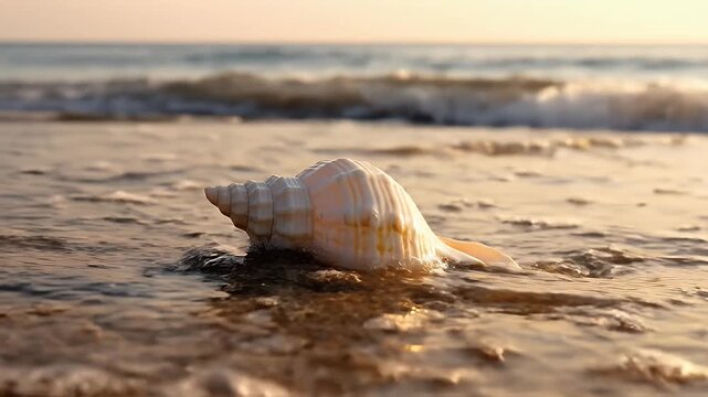 Matsya Jayanti conch shell shankh resting on wet beach sand symbolizing Vishnu avatar