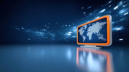 Digital document global map on futuristic screen with blue light reflection and sleek design