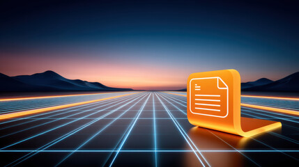 Digital document icon on neon grid landscape at sunset expressing futuristic workflow