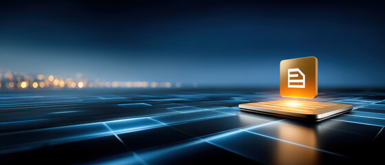 Digital document icon glowing on futuristic platform with blue grid and city lights
