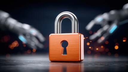 Digital document security padlock on table with robotic hands reaching in protective scene