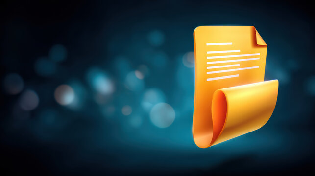 Digital document icon with glowing curl and abstract bokeh background conveying modern file