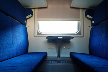 Almaty, Kazakhstan - 11.30.2025 : Sitting in a passenger train compartment.