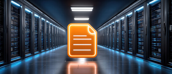 Digital document glowing icon in futuristic server room conveying secure data storage and access
