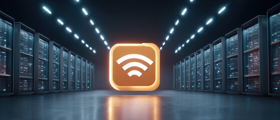 Digital document server room glowing wireless icon sign in futuristic data center corridor