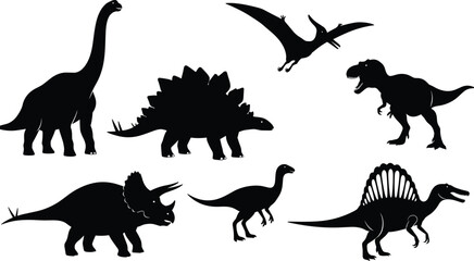 Black Dinosaur Silhouette Set with Tyrannosaurus Rex, Triceratops, Brachiosaurus, Stegosaurus, Pterodactyl, and Spinosaurus for Prehistoric Education, Science, and Graphic Design Projects. © Munmun