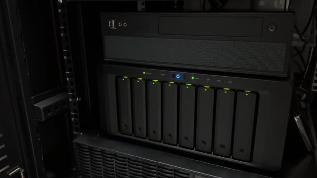 High-Performance Data Storage Unit with Multiple Drive Bays and Operational Indicators