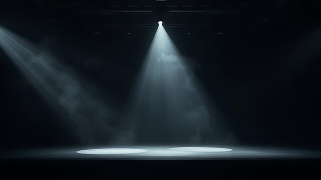 showbiz. Empty stage with a dramatic smoky spotlight beam cutting through darkness. event programs, museum guides, designed for cultural heritage projects and event programs, preserves heritage.