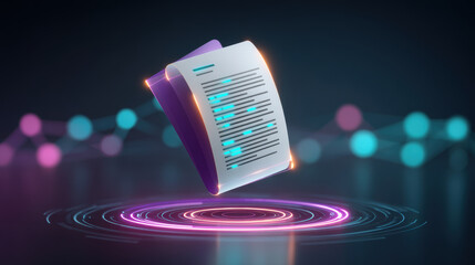 Digital document glowing file floating above neon data ring with futuristic network lights