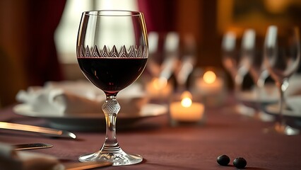 infamy. Crystal wine glass on elegant table setting with rich burgundy tones. bar promotions, beverage menus, designed for food & beverage menus and cafe branding, used by photographers.
