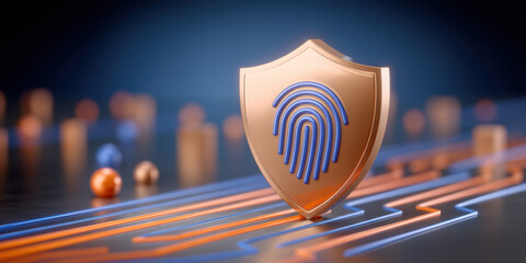 Digital document security shield with fingerprint icon circuit lines conveying trust