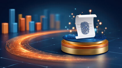 Digital document showing fingerprint scroll pedestal with glowing data trail and analytics bars