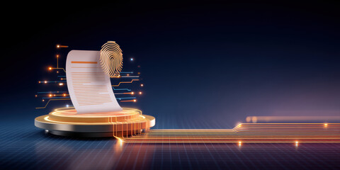 Digital document secured by fingerprint and glowing circuit lines conveying secure identity