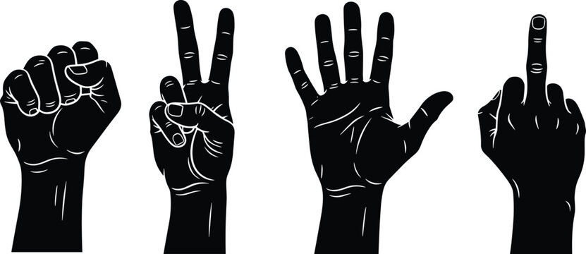 Black Silhouette Hand Gestures Set Including Fist, Peace Sign, Open Palm, and Middle Finger Vector Illustrations for Graphic Design and Communication.