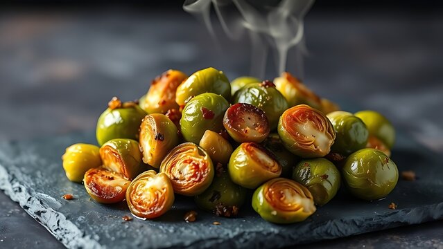 unobserved. Close-up of caramelized Brussels sprouts on dark slate, steam rising. menu design, packaging mockups, designed for culinary blogs and recipe cards for restaurants, used by art directors.