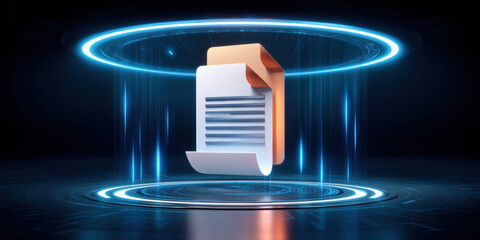 Digital document floating in futuristic holographic ring with blue light beams and glowing floor