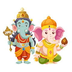 Naklejka premium Indian Gods Set, Agni, Ganesha, Indra Idols Cartoon Vector Illustration 