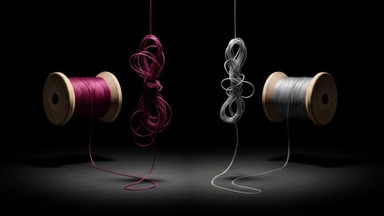Two wooden spools with magenta and silver thread hang in a dark space, featuring symmetrical tangled loops and soft lighting on a black surface.