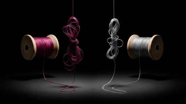Two wooden spools with magenta and silver thread hang in a dark space, featuring symmetrical tangled loops and soft lighting on a black surface.